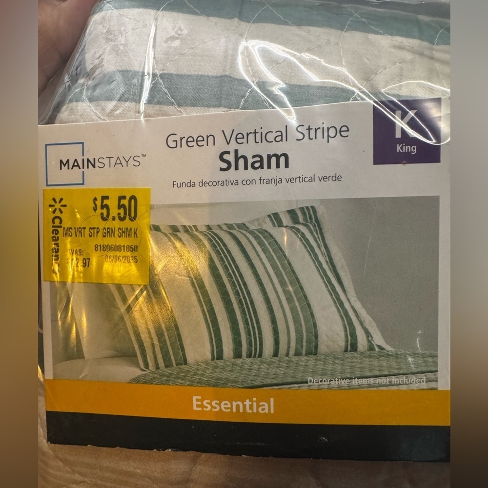 Mainstays Quilted Pillow Sham 2 Pack Size King 20 X 36 Green Vertical Strip NWT
